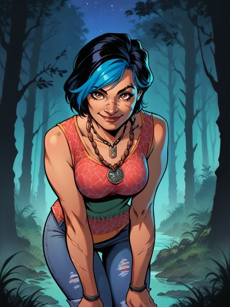 score_9, score_8_up, score_7_up, score_6_up, 1girl, dynamic pose, cowboy shot, looking at viewer, smile, sexy pose, dark forest, low light, light smile, night, hands on knees, leaning forward,, 
 <lora:ACTZHaddieKaur_character:0.8>, HaddieKaur, two-tone hair, blue hair, black hair, dark skin, brown eyes, short hair, piercing, scar on face, necklace,, torn pants, sleeveless, shirt, <lora:PulenKompot-J._Scott_Campbell-PonyXL:0.8> jsc,