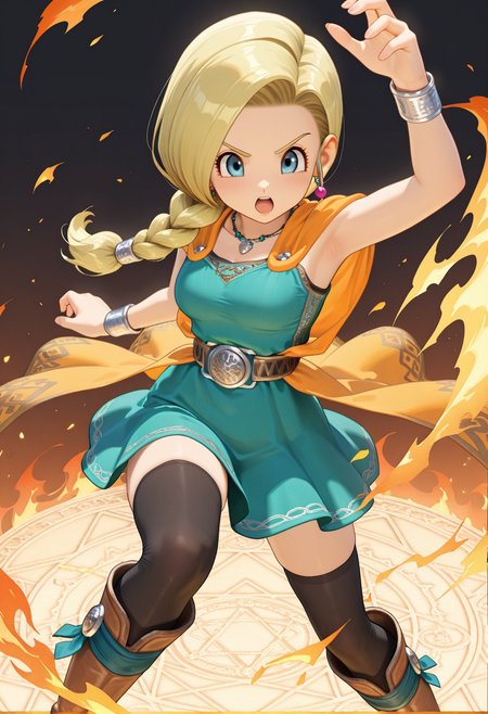 masterpiece, best quality, very aesthetic, absurdres, 1girl, solo,
<lora:dqh2_bianca_v01:0.8>, dqh2_bianca, blonde hair, long hair, single braid, hair over shoulder, blue eyes,
earrings, necklace, jewelry, orange cape, green dress, bracelet, black thighhighs, zettai ryouiki, knee boots, casting spell, open mouth, magic circle, fire effect, arm up, dynamic pose