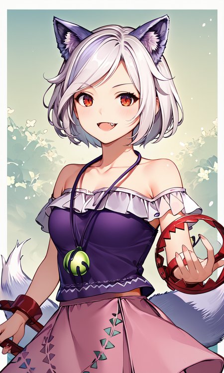score_9, score_8_up, score_8, score_9, 1 girl, enoko_mitsugashira, short hair, cowboy shot, detailed_background,  source_anime, wolf ears, wolf tail, white hair, tail, bear trap, frilled shirt, purple shirt, pink skirt, red eyes <lora:enoko_mitsugashira_pony-10:1>, bear_trap, pendant, fang, claws,  <lora:Line Art Style LoRA XL:0.8>
