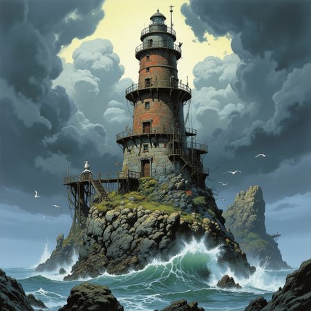 Comic book style 8k high quality digital painting , masterpiece, very detailed, ultra realistic, (best quality) very detailed epic masterpiece, a multi-tiered lighthouse built on a rugged, rocky island. The lighthouse is made of bricks and weathered stone, with multiple levels and a tall cylindrical tower topped by a small, dark lantern room. The structure is surrounded by a network of walkways and platforms, some of which extend out over the turbulent sea. A metal bridge connect the rock to the main land. The sky above is stormy, filled with thick, gray clouds that create a moody atmosphere. The ocean waves crash against the rocks and the lighthouse, with white foam and spray visible. Several seagulls are scattered throughout the scene. The overall composition creates a sense of solitude and stillness., big waves, dramatic dark sky, action, scary, best quality, epic scene,  Dungeons and dragons atmosphere, heroic fantasy, fna_style, Comic book style