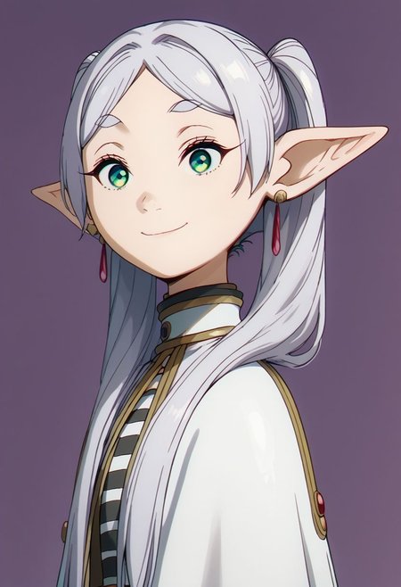 score_9, score_8_up, score_7_up, score_6_up, 
zzFrieren, long hair, twintails, green eyes, grey hair, pointy ears, elf, shirt, long sleeves, jewelry, earrings, striped, capelet, striped shirt, 
smile, head tilt, side view, (looking at viewer),
 elf ears, cute face, ivory white skin like porcelain, soft eyes, purple background, SkinHairDetail, 3D