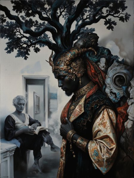 Color Field Painting <lora:AS_3:0.6>, low-angle view, Cameroonian, water theme, white-toned photo of an abyssal mature rococo clothed bejewelled sleeping tree demon walking in a bright pristine Police station, intricate black and crimson and brass filigree details, magical, cubist, billowing dark dust, very detailed, ground fog The background is a dark marbled art paper with azure and grey and black long swirling light trails made of stone glass. <lora:flux.1_lora_flyway_Epic-detail_v2:0.55> <lora:flux_realism_lora:0.35> <lora:Midjourney_Whisper_Chromaplex_Velvet_Myst_v01:0.25> <lora:di-filigree-relief_v10-11:0.25>