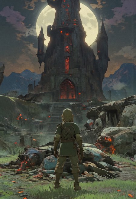l3nk, link standing in front of a dungeon tower, zdst style, A mystical, epic fantasy landscape featuring a lone male knight (link) in a green tunic and cap and blond hair, he is holding the master sword and has the hylian shield on his back, standing on pile of goblin corpses, gazing at a massive, ancient dark tower floating above the ground. The tower is illuminated by the red glow of the rising moon, casting dramatic shadows and creating a dark, terrifying, ethereal atmosphere. In the background a smoking volcano is on the horizon under a dark ominous sky with harsh beams of fire piercing through. The ground is covered in dead grass, scattered with small evil flowers and fallen leaves dancing in the wind. High detail, cinematic lighting, epic fantasy aesthetic with a magical, serene vibe
,  anime, cyberpunk