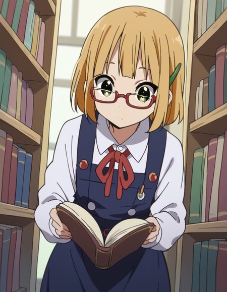 score_9, score_8_up, score_7_up, source_anime, <lora:midori-tokiwa-s1-ponyxl-lora-nochekaiser:1>, midori tokiwa, short hair, blonde hair, hair ornament, green eyes, hairclip,, school uniform, pinafore dress, ribbon, red ribbon, long sleeves, blue dress, buttons, long skirt,, library, reading books, glasses, quiet, focused, shelves of books, , leaning forward,, looking at viewer, solo,, dutch angle, cowboy shot