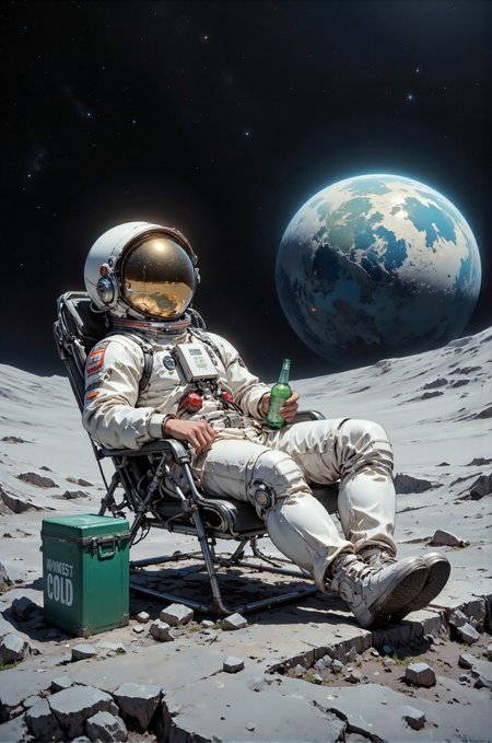 The image is a digitally created CGI scene depicting a lone astronaut relaxing on the Moon's surface. The astronaut, positioned in the foreground, is lying on a metallic chair, wearing a white spacesuit with a reflective gold visor covering their eyes. The spacesuit has various textures and seams, giving it a realistic appearance. The astronaut is holding a green bottle in their right hand, suggesting they might be enjoying a drink. Their left leg is propped up on a green, rectangular cooler box with white lettering that reads "COLD," implying it holds drinks or other chilled items.
The background features the vast, barren expanse of the Moon's surface, with its gray, rocky terrain and numerous craters. In the distance, the Earth is visible, partially illuminated by sunlight, showing its blue and green continents and white clouds. The Earth appears to be in the right half of the image, while the Moon's horizon is at the center. Above the Earth, the dark expanse of space is dotted with countless stars, creating a sense of vastness and isolation. To the right, a small, metallic ladder is leaning against the Moon's surface, suggesting a recent landing or exploration. The scene combines elements of realism and surrealism, creating a striking and imaginative depiction of space travel.
 <lora:DarksunRIDDV3:0.5> <lora:flux_hyperkraximalism-balanced:0.5> <lora:Midjourney_-_SemiReal_Dreams_FLUX_LoRA:0.5> <lora:CPA:0.5> <lora:Anime_realistic_v2:0.5> Realistic anime style <lora:BLUE_mk4_angel_FLUX_01:0.5>