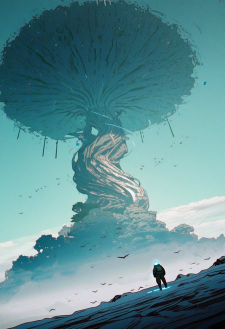 kiginobiru \(hayapi\), [[leonardo_vincent|kieed]|banishment::0.4], [masterpiece, best quality, high quality, 1other, above clouds, ambiguous gender, bird, cloud, dutch angle, fishbowl helmet, floating island, from behind, giant tree, glowing, nature, outdoors, scenery, science fiction, sky, spacesuit, standing on branch, tree, very wide shot,(glitch), scanlines, vhs artifacts