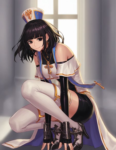 masterpiece,best quality,1girl,squatting,cowboy shot,black eyes,looking at viewer,closed mouth,smile,indoors,<lora:nmpix___simulate:0.8:LBW=KEEPCHAR>,yjnaima1,hat,MEDIUM hair,messy hair,black hair,bangs,blunt bangs,jewelry,earrings,cross,breasts,dress,black skirt,pencil skirt,WHITE coat,black gloves,fingerless gloves,elbow gloves,detached sleeves,short sleeves,bare shoulders,white thighhighs,high heels,