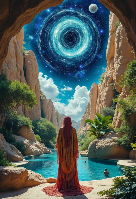 macram style, knotted, fringed, textured, bohemian mystical oasis: a lone figure cloaked in shimmering silks, surrounded by lush greenery and towering sandstone formations, gazing up at a swirling vortex of stars and celestial bodies suspended above a tranquil pool of water.
  , aidmamj6.1