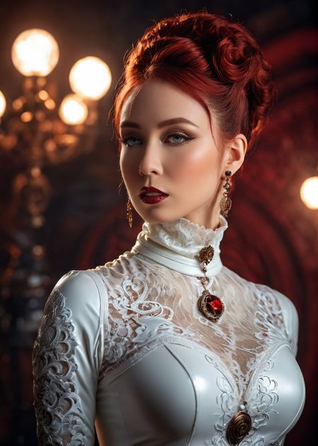masterpiece, best quality, dark environment, (steampunk:1.5), a woman, (white latex with lace), turtleneck, (jewelry, earrings, necklace), burlesque, sexy, 8K, extremely detailed, decorated clothing, dragon, bloodwave, dynamic, great lighting, perfect shading, depth of field, soft side light, very detailed glowing background, <lora:MS_Aika_Yumeno_V2_SDXL:0.8>, <lora:add-detail-xl:0.8>