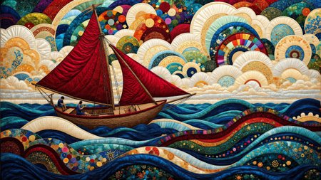 The basic scene is red sailing dinghy on a stormy ocean. The picture combines Fauvism simple elements with a modern interpretation characterized by elegant lines, a summer color palette, and intricate feathered details. The background skilfully blends shapes into a Surrealist backdrop. <lora:midjourney_whisper_chromaplex_v1:0.8> <lora:Embroidered_Quilting_Flux:0.8>