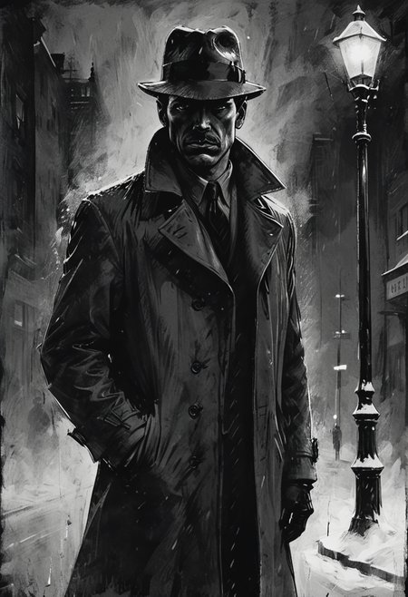 drawing of a moody detective standing on a street corner during a strong blizzard, foggy snow storm, low visibility, film noir style, <lora:add-detail-xl:-1>,  <lora:Dark_Novel:0.7>