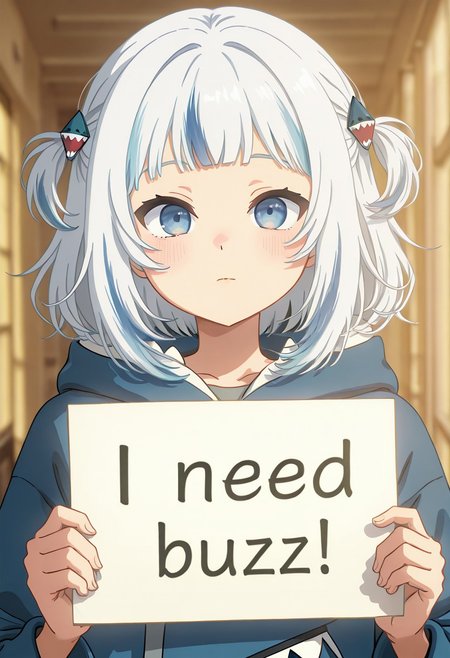 score_9, score_8_up, score_7_up, score_6_up,Enchanting Eyes, LDSCH Style, aesthetic, absurdres, beautiful, highres, detailed eyes,
Solo, 1girl,hololive gawr gura,((short hair)), blue eyes,  white hair, need_buzz, holding sign,