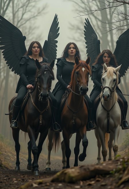 four beautiful women on horses representing the four horsemen of the apocalypse. A dystopian scene as the women ride the horses, dark angelic women,