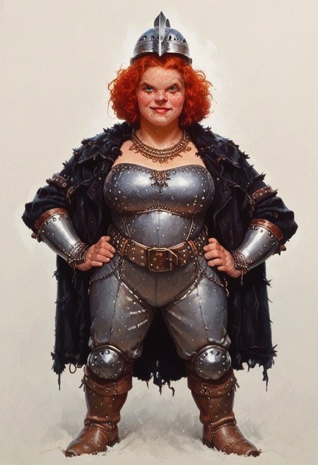 score_9, score_8_up, score_7_up, 1girl, 18 year old cute redhead, Dwarf, short stature, (big nose:0.5), blue eyes, freckles, red hair, large breasts, thick body, muscles, sweaty, big lips, smirking, medieval fantasy, standing, legs apart, hands on hips, leather armor, chailmail, relaxed, (studded leather belt), wolfpelt cloak, steel tipped leather boots, bracers, dwarven helmet, gold jewelry, large battleaxe