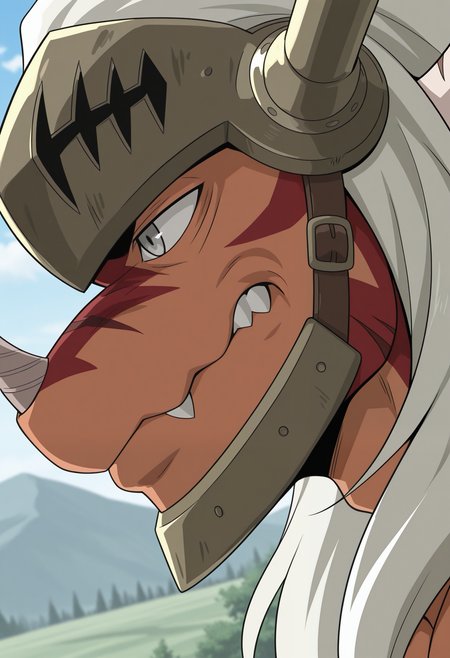 masterpiece,best quality,amazing quality, 1boy, solo,bunk3r_d4d, dragon boy, helmet, grey eyes, close up, side angle, outdoors,