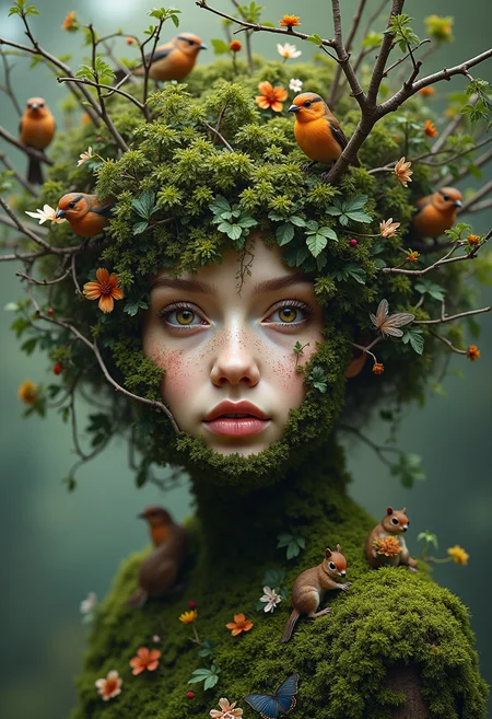 A portrait of a person whose face is partially covered with lush greenery, like moss, vines, and blooming flowers. Their hair is made of branches with birds perched on them, and their skin has a bark-like texture. Eyes glow with an ethereal light, and tiny woodland creatures, like squirrels and butterflies, are nestled in the foliage.