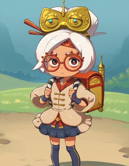 zPDXL, score_9, score_8_up, score_7_up, source_anime, 1girl, solo,
 <lora:LilPurah_v1.2:0.8> purah, sheikah, white hair, dark-skinned female, child, thick eyebrows, red eyes, red-framed eyewear, hair bun, goggles on head, beige jacket, blue skirt, frilled skirt, blue socks, kneehighs, blue footwear, mary janes, red headband, goggles on head, hair stick, hair beads, randoseru, red bag, bag straps, blue and white striped strap, fingerless gloves, blue gloves, petticoat,  <lora:Orenji_v2:0.8> orenji