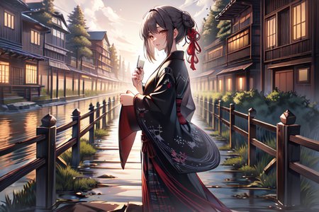 highly insanely detailed, masterpiece, top quality, best quality, highres, 4k, 8k, RAW photo, (very aesthetic, beautiful and aesthetic),  
(code_style,codestyle), 
<lora:CodeStyle (half generic class)_564920:0.7>, 
(1girl:1.3), 1other, 
japanese building,dirt road,willow tree,stone fence,river,flannel red background,âââ