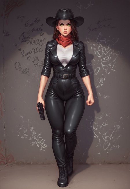 safe_pos, Beauty young clean face, dynamic view, Highly detailed, looking at viewer, from the front 1 girl, illustration, Skinny, masterpiece quality, best quality, Cowboy shot, realistic drawing, anime style by Sam Yang,
Sharp, highly detailed 2D illustration,
Hyperrealism, soft light, sharp features.
Character Details: 1female, 25 years old, and green glowing eyes, a dark cowboy hat on his head, a red scarf around his neck, metal ribs are visible through an unbuttoned black leather raincoat,
((ready to fight, holdind big gun in hands)), <lora:1_ino_20e:1>, action pose
((full clothed))
Background: (slums, graffiti:1.9)
score_9, score_8_up, score_7_up, score_6_up, source_cartoon, rating_explicit, Expressiveh, (((((full body))))),
 <lora:add-detail-xl:1>
 <lora:Dynamic Poses:1>