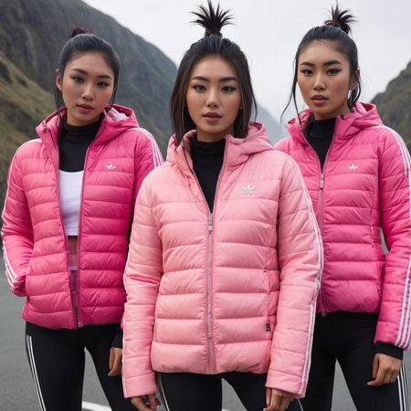 (dark cinematic still, dark vibes) sexy slim skinny group of asian short women ,unique, wearing a unzipped pink adidas_puffer_jacket, unique hair styles, 8k uhd, dslr, high quality, photorealistic, realism, hyperrealism,  ((car scene)),
<lora:adidas_puffer_jacket_v1:1>