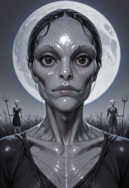 ((source_realistic:1.6)), hyper detailed, (dynamic pose:1.4), depth of field, 
alien,gray skin,large eyes,black eyes
surreal sci-fi reinterpretation of American Gothic, where the traditional farmer and lady are replaced with two tall, slender gray aliens with large, glossy black eyes and elongated, expressionless faces. They stand in front of a eerily familiar farmhouse with wooden panels 
The farmer alien grips a pitchfork, while the lady-alien wears an old-fashioned dress infused. Their skin has a soft, silver sheen, reflecting the cold, ambient light from a mysterious full moon that appears far too large in the sky.
The background showcases an eerie yet mesmerizing blend of Earth and an alien world—strange purple crops grow in neat rows, and the sky is an ethereal mix of swirling nebulae and distant planets. 
The lighting is moody and cinematic, with a mix of soft ambient glow from the celestial sky and the harsh. The composition retains the rigid, iconic posture of American Gothic, but the unsettling