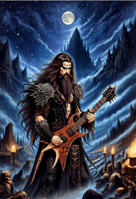 Macabre Fantasy style {1man, Long wavy hair, epic beard, playing a guitar, heavy metal guitar, axe guitar, on an outdoor stage, heavy metal music genre influence} . zavy-brbrn, dark, gothic, grim, magnificent, celestial, ethereal, painterly, epic, comic, majestic, fantasy art, cover art, dreamy, highly detailed,  In the style of Alex Horley, close up, starry night, crescent moon,