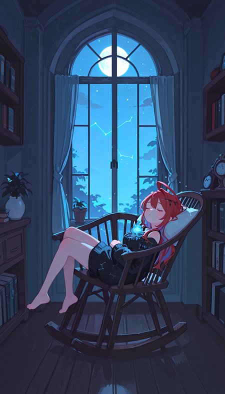 score_9,score 8 up , solo , 1girl, El1zabethRB , red eyes, red hair, colored inner hair, long hair, huge ahoge, hair ornament, blue fire, fire on chest , nights ,  closed eyes , sleeping , sweater dress , celestial pattern , vintage library, bookshelf , warm lighting , glowing particles, soft atmosphere, peaceful , dreamy ambiance , negative space , introspective mood , full moon , constellation , rocking chair , arcana , light Rays , potted plant , reflective floor , open window , arched window , barefoot , curtains,   Break  A cozy and magical scene of a young girl , peacefully napping on a rocking chair . She wears an elegant dark dress adorned with celestial patterns, reflecting the night sky, The surrounding library is bathed in a warm, moon light , with countless books stacked neatly on wooden shelves.   Break The composition uses negative space, emphasizing solitude and tranquility. Warm blue light streams from the background,                masterpiece, best quality, amazing quality, very awa, absurdres,anatomically correct, HDR , 8K , superabsurd res, high resolution, ultra-detailed , absurdres, newest , detailed background , detailed clothing, detailed hair, detailed shading  , dramatic lighting , uncensor ,   flat color ,     <lora:spo_sdxl_10ep_4k-data_lora_webui:1.0> <lora:NOOB_vp1_detailer_by_volnovik_v1:1.0> <lora:IllusN3g:1.0> <lora:IllusN3g:1.0> <lora:illustrious_flat_color_v2:0.9> <lora:g00se_v2_ill:0.9> <lora:ChamElizabethRoseBloodflameV2IllustriousXL:1.0>