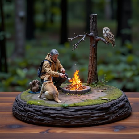 A miniature diorama of a traveler cooking over a campfire in the woods at night. His dog sits beside him and his new friend, an owl, sits on a nearby tree branch. A magical night. <lora:Flux.1_Turbo_Detailer:0.7>, <lora:Diorama_Flux:0.8>
