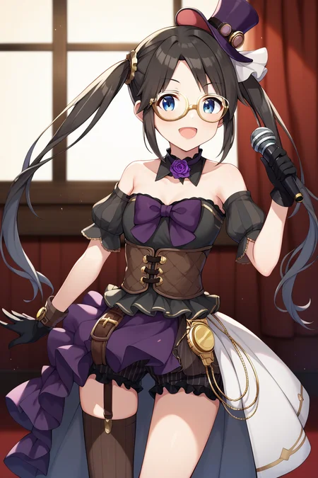 score_9, score_8_up, score_7_up, source_anime,  <lora:mitsumine_yuika_XL:0.9>, yuikamitsumine, 1girl, solo, black hair, long hair, twintails, top hat, mini top hat, mini hat, goggles on headwear, blue eyes, monocle, yellow-framed eyewear, gears, black dress, strapless dress, pleated dress, purple bow, detached sleeves, puffy sleeves, short sleeves, puffy short sleeves, black sleeves, vertical-striped sleeves, bare shoulders, detached collar, black collar, purple choker, frilled choker, neck flower, rose, brown corset, purple skirt, half-skirt, frilled skirt, black shorts, frilled shorts, vertical-striped shorts, brown thighhighs, vertical-striped thighhighs, single thighhigh, single garter strap, underbust, black gloves, shorts under skirt, shorts under dress, pocket watch, microphone, holding microphone, looking at viewer, open mouth, cowboy shot, stage