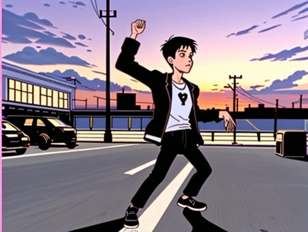 <lora:Mission_Hill_Style_-_1999-000011_11:0.95>, <lora:l_32:-0.55>, 1boy, full body, dancing, outdoors, sunset, parking lot,<lora:LCM_SD15:1.0>