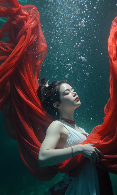 undrwtr, floating hanfu, underwater haut couture photography, Off-center composition, wide-angle with subject facing away, The image is an underwater portrait of a young woman with her eyes closed, submerged in the water. She appears to be in a peaceful and serene state, with her head resting on a large piece of red fabric that is partially submerged in water. The fabric is flowing around her, creating a sense of movement and energy. The water is a deep blue-green color, and there are small bubbles visible around her. The woman's body is covered in a layer of white fabric, and her hair is wet and messy. The overall mood of the image is serene and contemplative., dark and dim light, cinematic photo art nouveau style landscape art by John Henry Twachtman, fantasy art by Andreas Rocha, vibrant, fantasy landscapes, epic scale, surreal, atmospheric, detailed environments, Impressionist, landscapes, atmospheric effects . elegant, decorative, curvilinear forms, nature-inspired, ornate, detailed . 35mm photograph, film, bokeh, professional, 4k, highly detailed