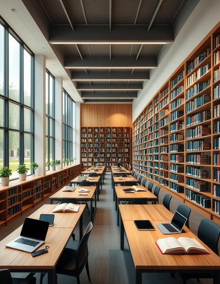 A high-resolution, ultra-realistic photograph of a modern college library interior. The scene showcases a spacious, open-plan design with large floor-to-ceiling windows allowing natural daylight to flood the space. The architectural style is contemporary, featuring minimalist furniture with clean lines: sleek wooden tables, ergonomic chairs in neutral tones (gray and beige), and built-in bookshelves made of light oak wood.
In the foreground, a group of diverse students (varied ethnicities and genders) are quietly studying, some using laptops, others reading books, with focused, calm expressions. One student is sipping coffee from a reusable cup.
The background displays rows of neatly organized books, indoor plants adding a touch of greenery, and modern pendant lights hanging from the ceiling, providing warm, ambient lighting. The floor is covered with soft gray carpet, and large abstract paintings decorate the walls, contributing to a cozy and intellectual atmosphere.
The overall mood is peaceful, studious, and inspiring, with balanced natural and artificial lighting, crisp details, and realistic textures, captured as if by a professional architectural photographer using a full-frame camera.
 <lora:SDXLFaeTastic2400:0.4> <lora:extremely_detailed:0.4> extremely detailed,<lora:modern_c0ll3g3_l1br4ry:1>,modern c0ll3g3 l1br4ry, Masterpiece,best quality,hi res,8k,hi res,8k,award winning,(sharp focus, intricate, highly detailed),