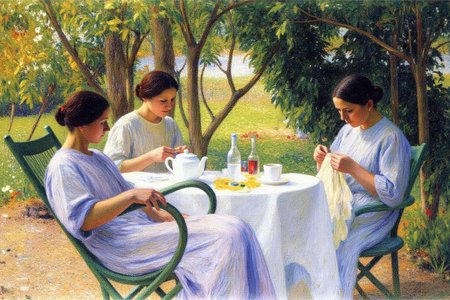 henrimartin1 painting. 
Three women seated around a round table with a white tablecloth. The table holds a teapot, cups, and a glass bottle. The woman on the right is stitching a piece of cloth. The background is lush greenery. <lora:henrimartin1_cap_d8a4e12:1.0><lora:851862677738234234:0>