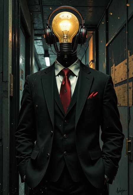 A gentleman's head is not a human head, but a light bulb, dark background，