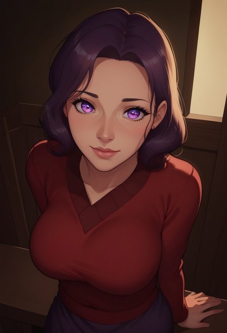 score_8_up, resolution, 8k, highest quality, best quality, masterpiece, soft lighting, volumetric lighting, shiny skin, mature, beautiful, perfect eyes, shiny skin,
...
1girl, mature, Perfect color eyes, Colorful eyes, detailed pupils, purple eyes,
...
Eyes focus, 
FOV 90 degrees,high angle shot