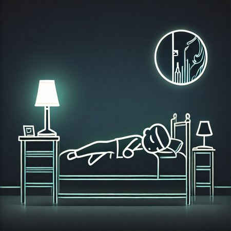 Glowline_Figures, 1boy, sleep, bed, lamp, picture frame,