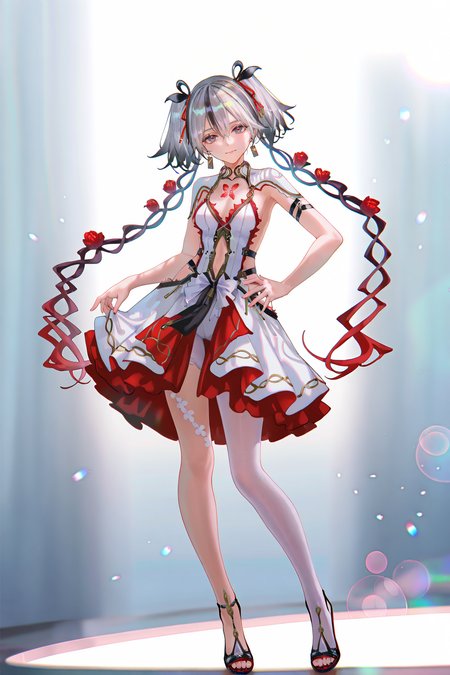 8k, best quality, masterpiece, (ultra-detailed), (high detailed skin), 
((artist:reoen),(artist:fuzichoco),(artist:atdan),(artist:torino_aqua),year 2024:0.8)1girl, [artist:wlop], [artist:ningen_mame], artist:ciloranko, [[artist:rhasta]], artist:tidsean, colorful, detailed light, light leaks, sunlight, bokeh, blurry foreground, ray tracing, lens flare, cinematic lighting, 
full body, full shot, standing, looking at viewer, (solo:1.2), simple background, (white background:1.2), hand on own hip, (white background:1.1), 
<lora:chun-noob-Tanger-000013:0.8>, chun, white chun-def dress, 1girl, red floral tattoo on chest, breasts, twintails, multicolored hair, grey hair, grey eyes, dress, white single pantyhose, 
A full-body portrait of a young girl, standing gracefully, pastel art style, high-key lighting, shoujo manga influence, hd quality, delicate details,