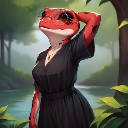 (((detailed, beautiful, high quality))), score_9, score_8_up, score_7_up, solo, 
grungrace, anthro frog,
1 girl, female focus, red skin, glasses, black dress, spots, 
looking at the viewer, posing, 
blurred background, fantasy background,