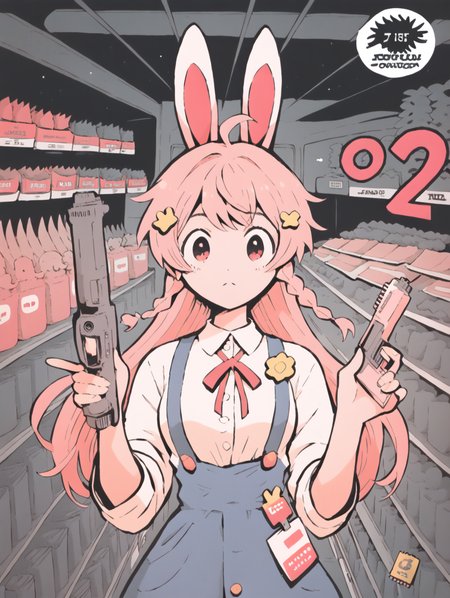 pippkinpippa is a cute pink rabbit and she's going to shootup a walmart, holding gun, [:, lineart:0.3], hatching[:, manga, comicbook:0.2], intricate detail, dynamic pose, cute anime
score_8_up <lora:Tsutomu_Nihei_OaN_Style:.81> <lora:Comic Cover:.81>  <lora:last:.61> <lora:H001PXL:.6> <lora:PipkinPippaV4Pony:.61>