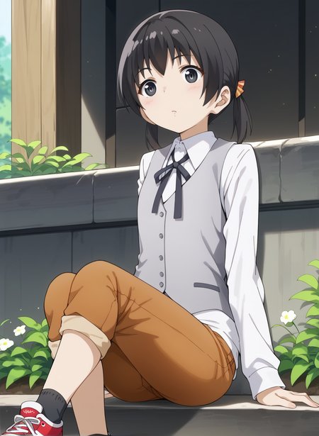 (score_9,score_8_up,score_7_up,source_anime,anime,nsfw,rating_explicit,uncensored),(High quality, Ultra detailed, best quality, insanely detailed, beautiful, masterpiece,perfect lighting) BREAK
<lora:kuramoto_chinatsu_V1:1>,(kuramoto_chinatsu, black eyes, black hair, long hair, short twintails, capri pants, brown pants, grey vest, ribbon, white shirt, long sleeves, black socks, sneakers),1girl,solo,giggling,sitting,outdoors,from_below,,looking_at_viewer,