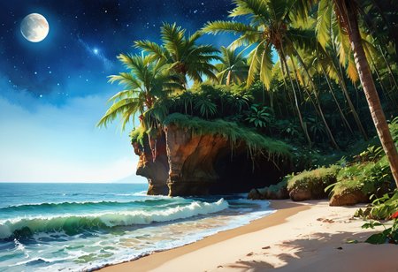 high res, score_9, score_8_up, score_7_up, score_6_up, score_5_up, score_4_up, fantasy style, seaside, tropical, masterpiece, best quality, fantasy world magical landscape. Realistic with intricate details, a starry sky over a quiet forest with a babbling brook, no humans, night, watercolor, waves, moon,
