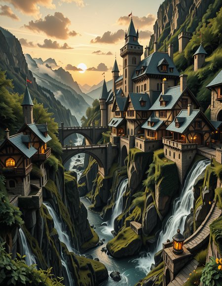 A breathtaking medieval fantasy city nestled in a lush valley, surrounded by towering mountains and dense forests. A grand castle with multiple towers and turrets stands atop a hill, overlooking the town below. The city consists of charming half-timbered houses with glowing windows, perched on rocky cliffs and connected by stone bridges over cascading waterfalls. The river flows through the village, reflecting the warm golden lights of lanterns and torches. Ivy and moss grow over the stone walls, adding to the enchanted, ancient atmosphere. The background features misty mountains with additional fortresses and watchtowers, partially hidden by low-hanging clouds. The sky is illuminated by a soft, warm sunset, casting a golden glow on the scenery, creating a perfect blend of realism and fantasy. Highly detailed, cinematic, and immersive, with a magical, fairy-tale ambiance.
<lora:SDXLFaeTastic2400:0.4> <lora:extremely_detailed:0.4> extremely detailed, ,medieval f4nt4sy c1ty <lora:medieval_f4nt4sy_c1ty-i:1>, Masterpiece,best quality,hi res,8k,hi res,8k,award winning,(sharp focus, intricate, highly detailed),
