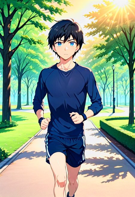high resolution, solo, best quality, 1Boy, Arata Kaziaki, Black Hair, Blue Eyes, Jogging, park, sunrise, fitness,