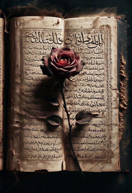 A withered ais-crsd rose lying on an ancient  Arabic book, its petals blackened and curled, on a table covered in dust. <lora:ais-crsd-sdxl:1>,volumetric lighting), (dynamic lighiting), godrays, Rembrandt lighting, real shadows, intricate detail