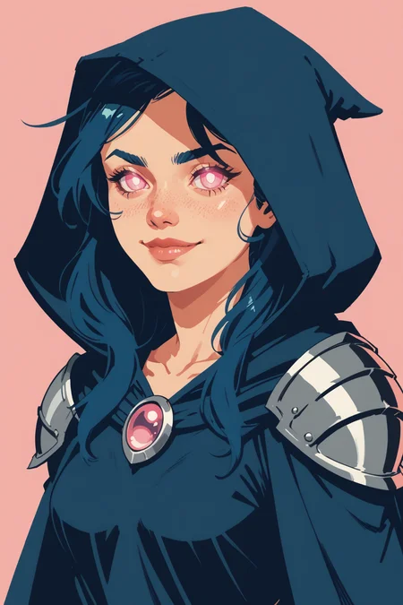 1girl, solo, hood, glowing, glowing eyes, upper body, shoulder armor, breasts, hood up, looking at viewer, long hair, medium breasts, collarbone, closed mouth, pink eyes, pauldrons, armor, no pupils, cape, lips, blue hair, cloak, smile, Witch - Clash of Clans, zPDXL3,  PnyCmicXLPOS, detailxl,  (lineless, vector art:1.5) ,