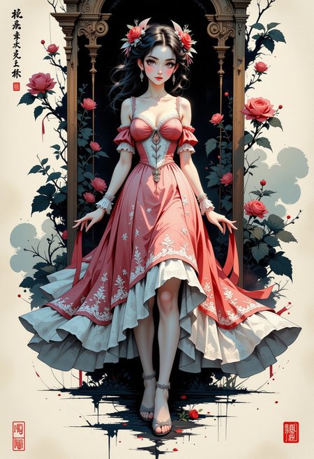Poetic sumi-e depicting A full body of beautiful oriental girl with delicate features, wearing an elegant, Sweet Victorian-inspired dress adorned with intricate lace, ribbons, and floral patterns, she is cascading across washi paper, embodying the concept of mono no aware. The traditional ink wash technique creates a gradient from deep black to crimson red. Her long, silky hair is styled in soft waves, with gentle curls at the ends and a few strands framing her face, adding to her graceful appearance. She wears dainty lace-trimmed socks and elegant, rounded-toe shoes with delicate bows, completing the outfit with charm. Her expression is serene yet captivating, with large, expressive eyes. The background is softly blurred, creating a dreamy atmosphere, and the lighting casts a gentle glow on her face, emphasizing the details of her dress, hair, and shoes. Perfect hands, perfect feet. The scattered dress elements embrace deliberate imperfections, celebrating wabi-sabi principles—some defined by a single masterful brushstroke, others shaped through a textured dry-brush technique. Subtle indigo undertones suggest twilight dissolving into evening, encapsulating the melancholic beauty of nature’s shifting moments through the profound lens of yugen. Minimal red seal marks showed at the lower corner, balanced by calligraphic kanji suggesting the old painting poster