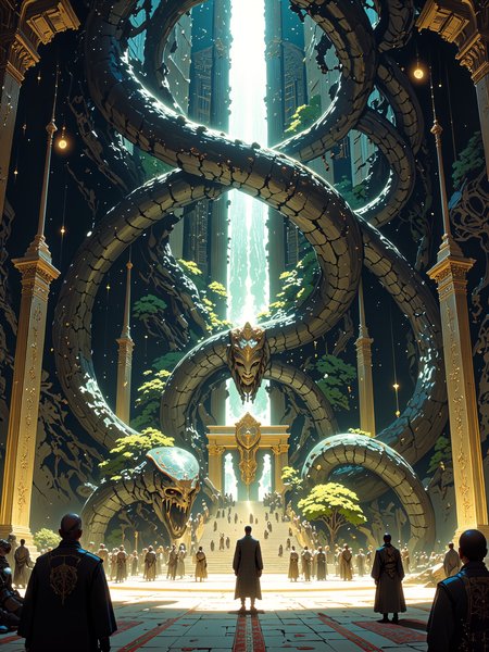 famous masterwork fantasy digital painting, hyper-realistic, photo-realistic, ultra detailed, high resolution, uhd, 8k, 4k, epic, very aesthetic, accurate, dynamic composition, dim lighting, high contrast, borders touch the skyâs, haven for the snakes, appointed by the gods, to seal the sanctuary, the streets are paved with gold, on the outside we decay, a window to the underworld, kings and creatures block the way, deep within the walls, the time has come to conquer, blackened stars, forbidden knowledge, ancient beyond time, endless abyss, lovecraftian, cthulhu mythos, in the style of ck-ovf, digital illustration, <lora:style-oneviolentfantasy-ep21-flux-by_chronoknight:0.64> <lora:epic_gorgeous_details-balance-flux-by_flyway:0.64> <lora:style-moriimee-gothic_niji-flux-by_tentacles_riders:0.8>