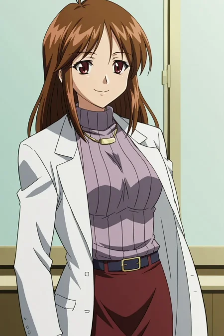 score_9,
1girl, solo, smile,
HatsuInuHokeni, LabCoatOutfit, white labcoat over purple turtleneck, necklace, belt, dark red pencil skirt with no slit, short skirt,
loose hair,
<lora:HatsuInuHokeni_V7:0.8>​​​