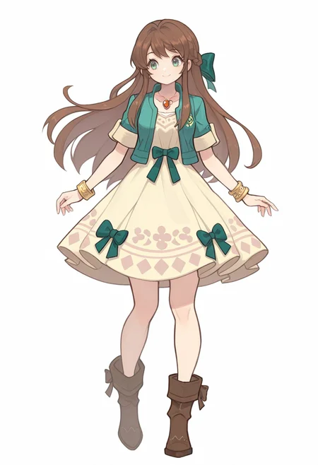 masterpiece, best quality,  <lora:Alpaca:1> 4lp4c4,  1girl, solo, dress, braid, brown hair, white background, long hair, jacket, boots, smile, green eyes, simple background, short sleeves, bow, ribbon, bracelet, full body, jewelry, sidelocks