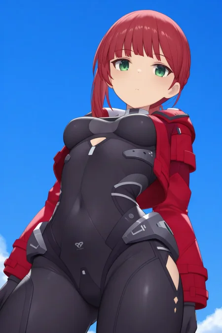 <lora:yayoisteller_ilxl:0.9>masterpiece, best quality, yayoisteller_ilxl,  1girl, solo,  red hair, green eyes, looking at viewer, cowboy shot, black bodysuit, blue sky, red jacket, standing, from below, clothing cutout,